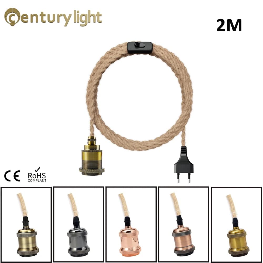 Cordon d'alimentation pour lampe suspendue Edison, cordon torsadé en chanvre, support de lampe E26 E