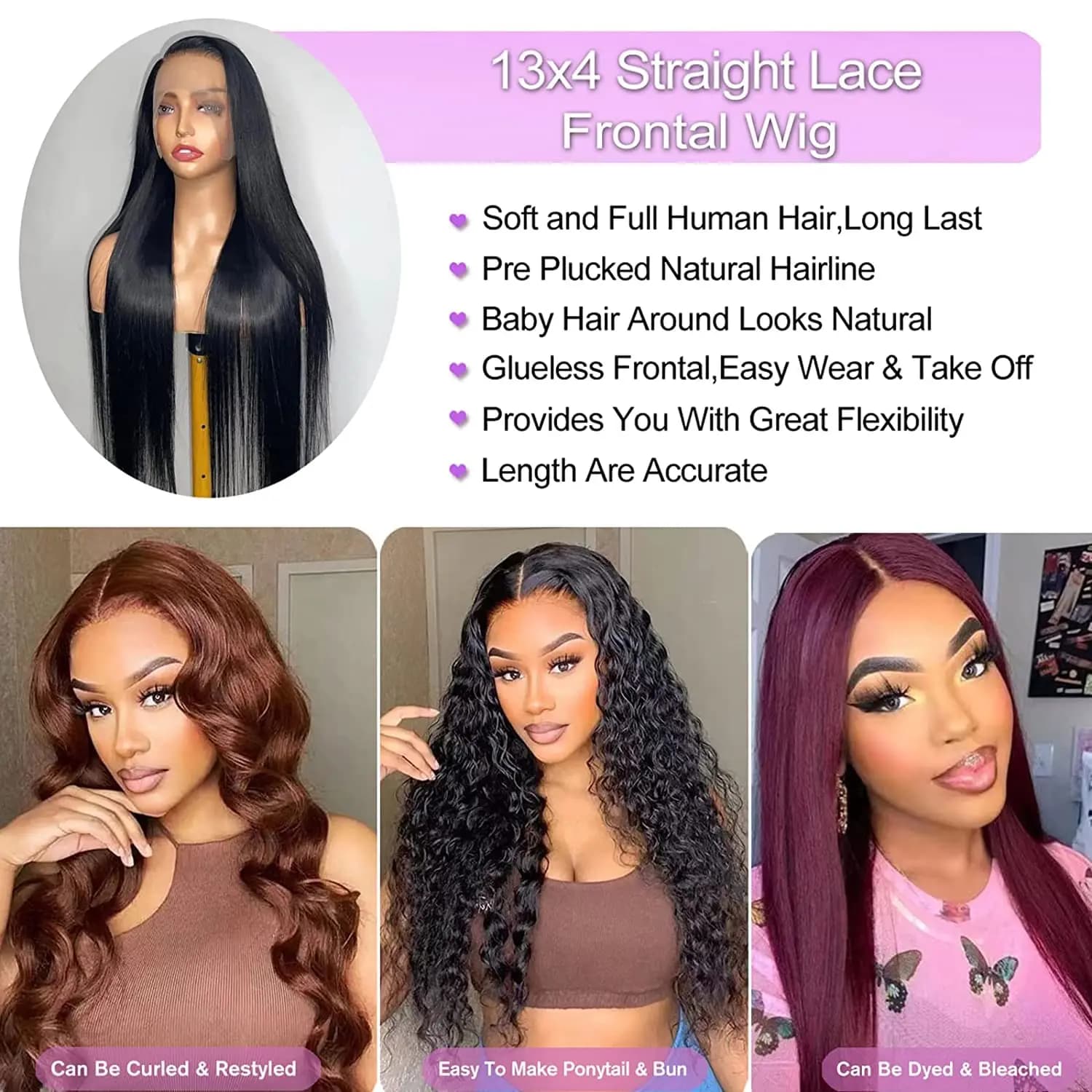 Perruque Lace Front Brésilienne Naturelle Cheveux Lisses, 13x4, 13x6, HD, Transparent 360, 5x5, 6 Ta