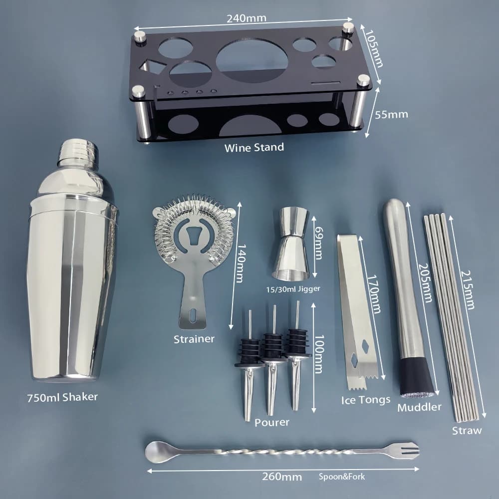 Ensemble de Shaker à Cocktail en Acier Inoxydable, Outils de Bar avec Support Noir, Shaker de 750ml,