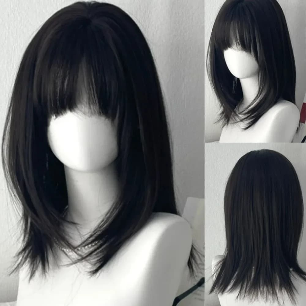 Y2K perruque pour femmes noir moyen long cheveux raides Simulation naturelle usage quotidien perruqu