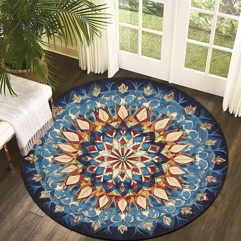 Tapis rond bohème floral style ferme, imprimé kaléidoscope botanique vintage, antidérapant, pour sal