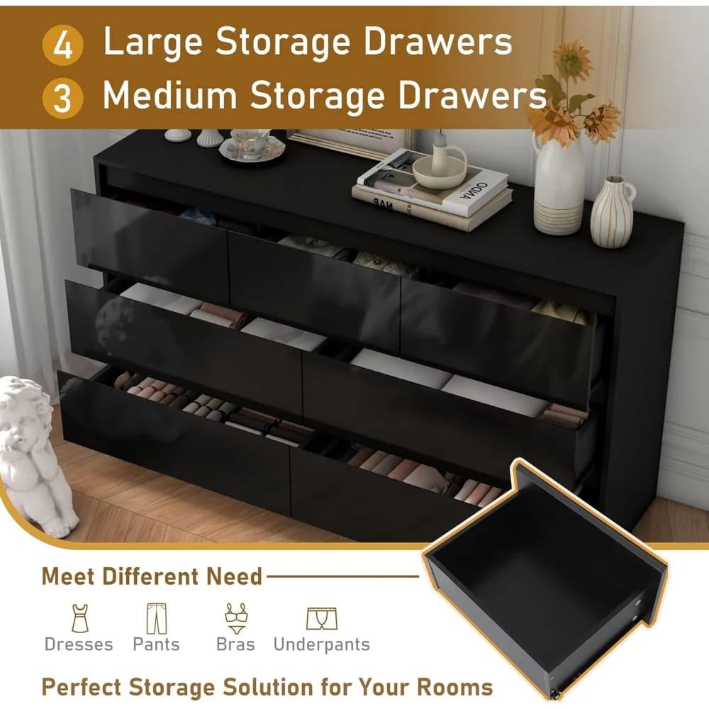 Commode Malm noire pour chambre à coucher, commode haute brillance de 55 pouces de long avec 7 tiroi
