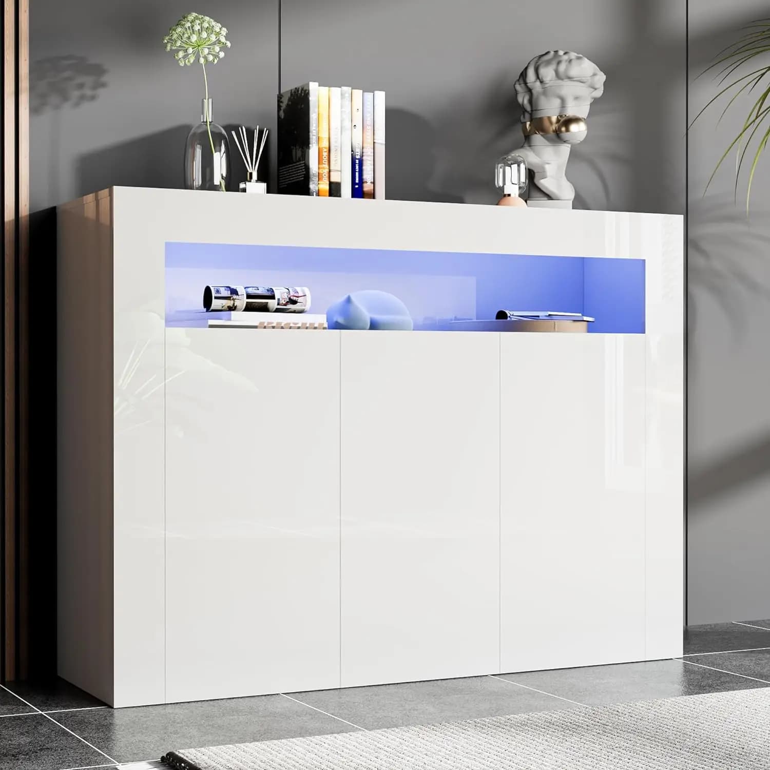 Armoire de rangement moderne blanche avec lumières LED, buffet à haute brillance, étagère réglable, 