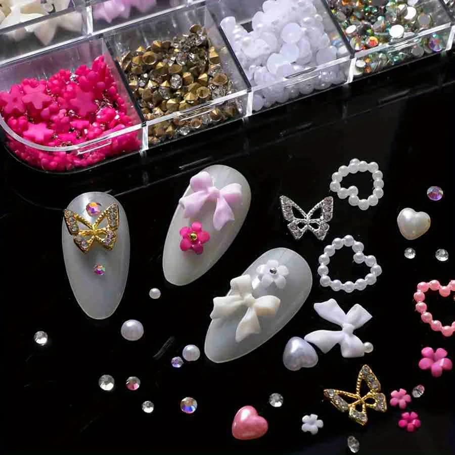 Strass pour ongles en alliage mixte, 12 grilles, nœud papillon, Mini fleur, gemmes, perles, cœur, dé