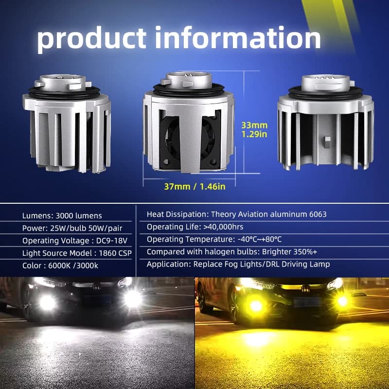 Ampoules LED antibrouillard pour voiture, 2 pièces, DRL, double couleur, blanc, jaune, avec ventilat