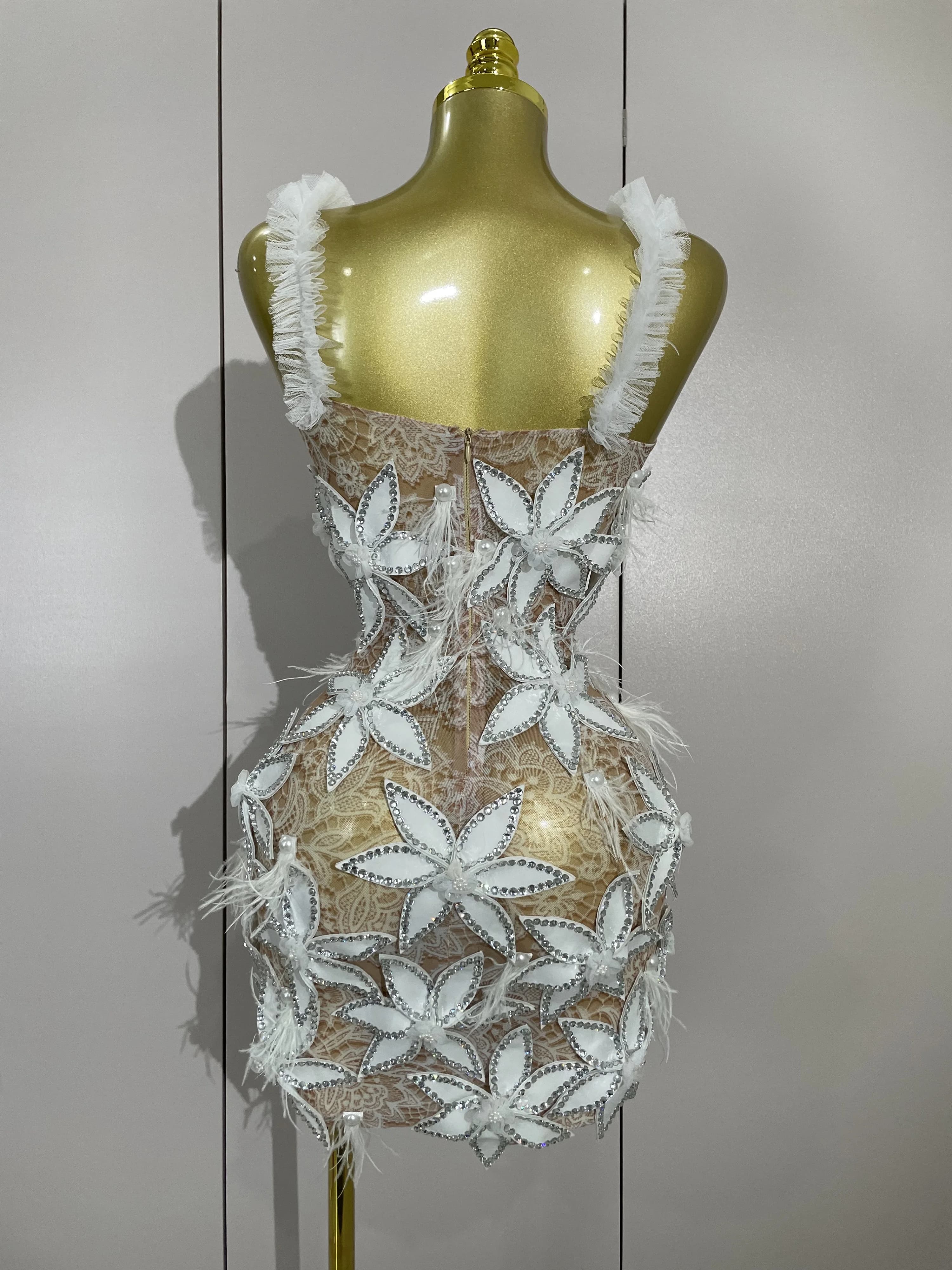 Sexy brillant diamant fleurs plumes blanc Transparent Slip robe courte soirée bal célébrer anniversa