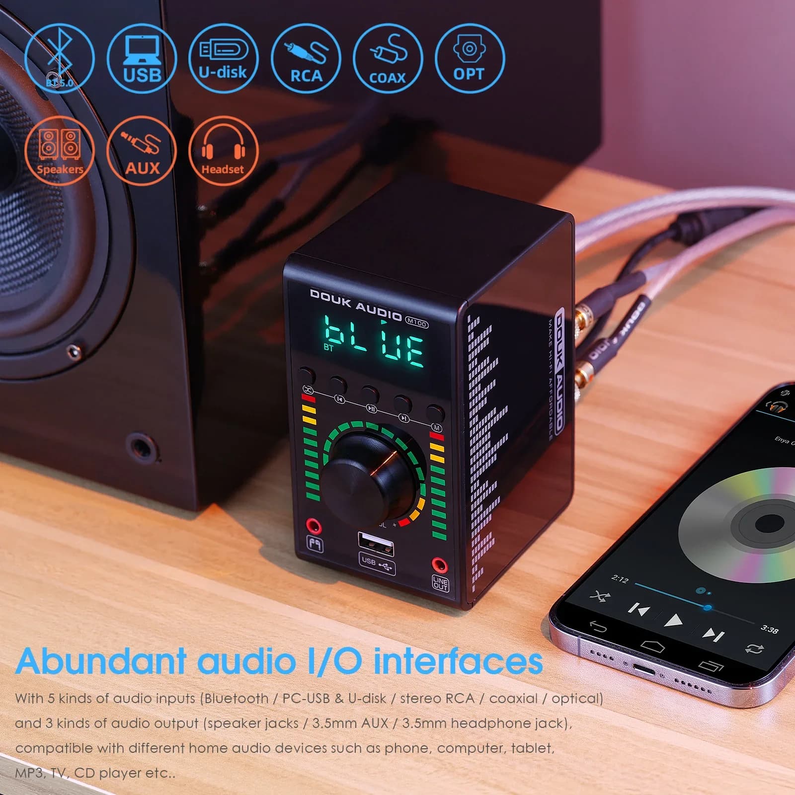 Douk Audio Mini amplificateur numérique COAX/OPT intégré Bluetooth 5.0 ampères maison/voiture/ampli 