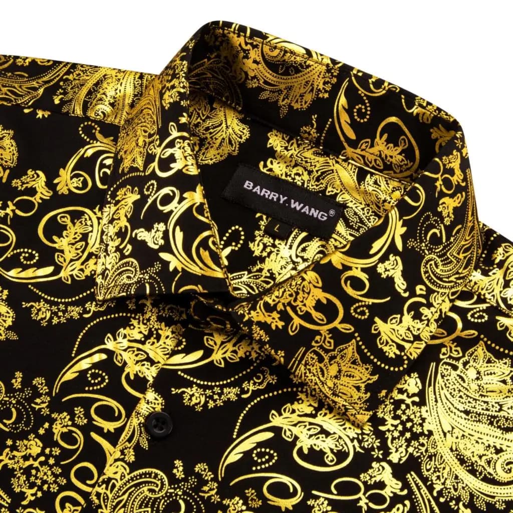 InjShirts de Luxe à Manches sulfpour Homme, Broderie Florale Noire et Dorée, Coupe Ajustée Régulière