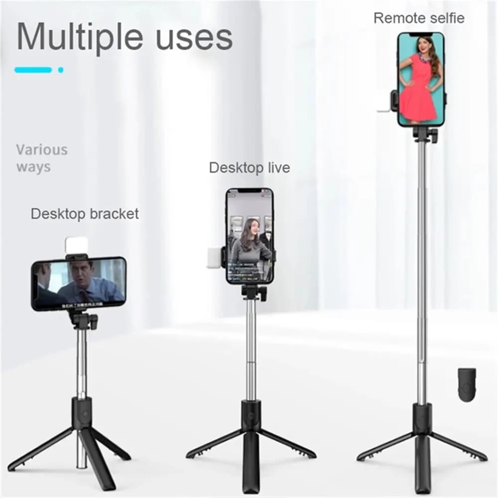 Trépied Portable Bluetooth pour perche à Selfie, avec obturateur à distance, lumière de remplissage,