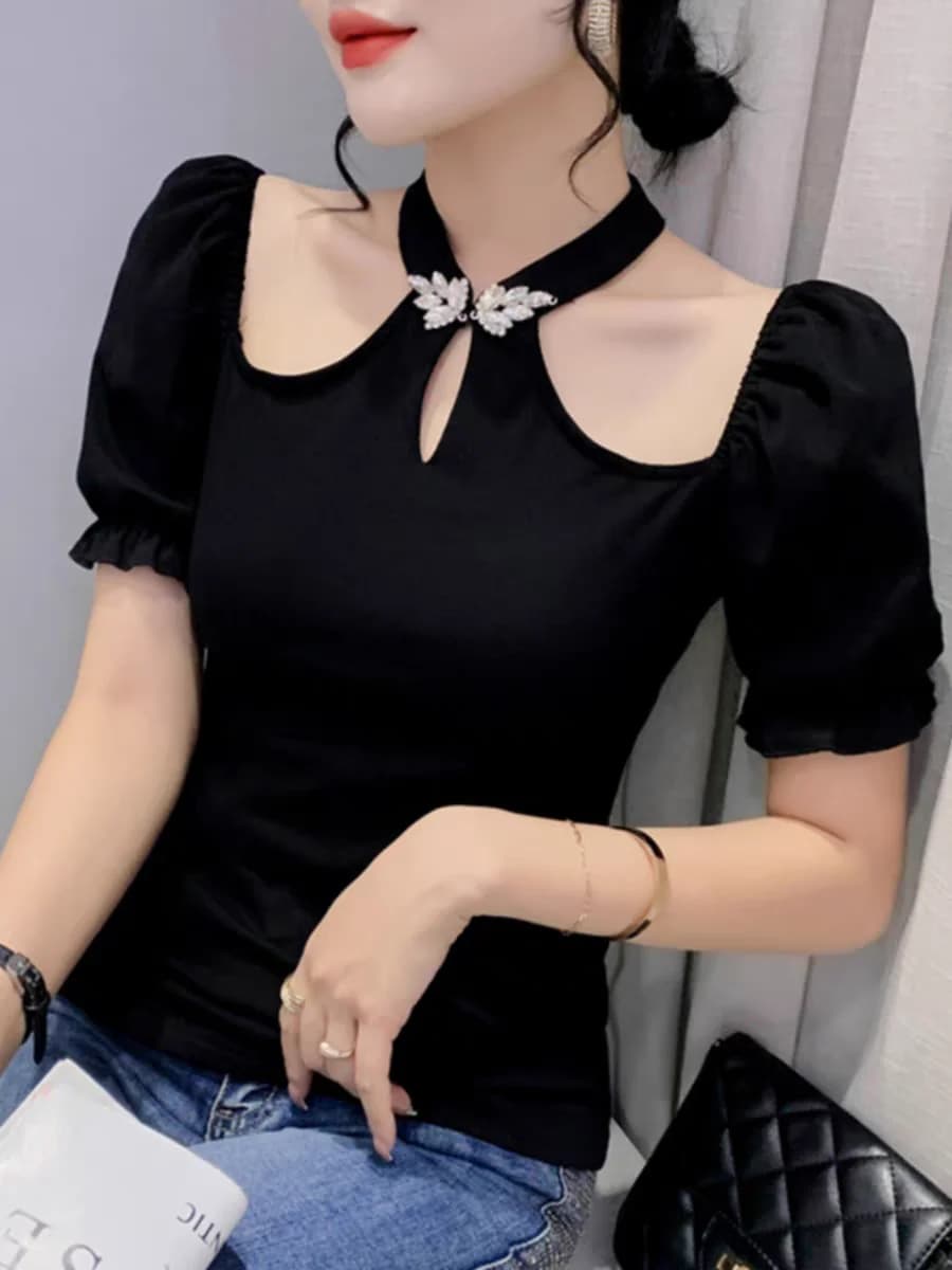 T-shirt manches courtes col licou femme, élégant, extensible, été, hors initié, chaud, doux