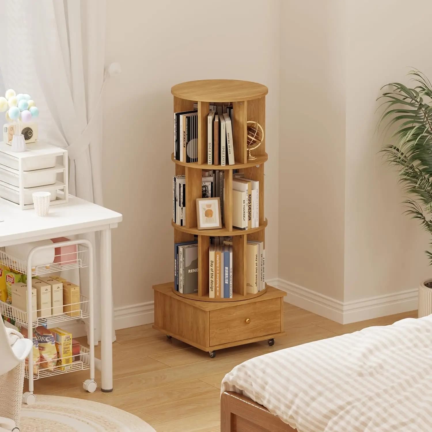 Étagère rotative à 3 niveaux avec tiroirs et roulettes, bibliothèque d'angle 360°, tour de rangement