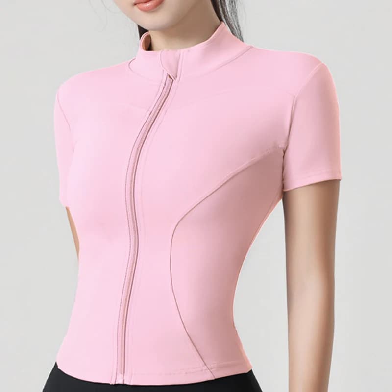 Femme yoga veste haute élastique Yoga à manches courtes manteau col montant serré sport manteau nu F