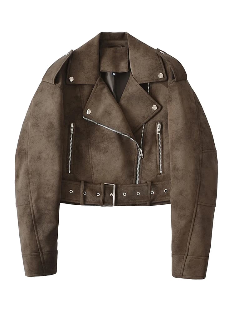 Ailegogo printemps automne femmes Vintage lâche faux cuir veste streetwear femmes Vintage moto ceint