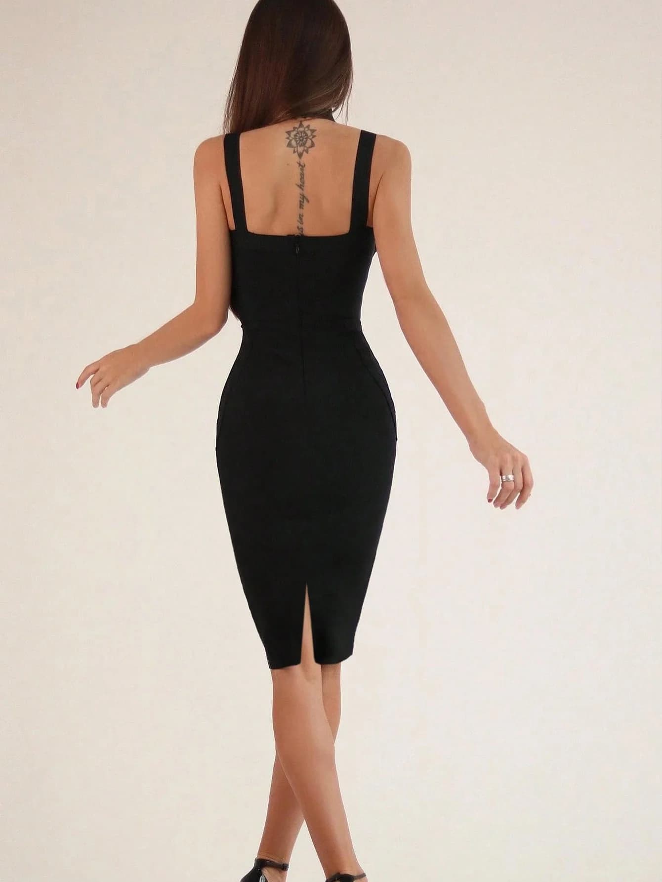 Sexy Spaghetti sangle licou noir fente Midi robe moulante pour les femmes robe de pansement élégante
