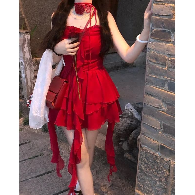 Vintage Ruffles Mini Dress Women Y2K Party Sexy Spaghetti Strap Red Dresses Summer Korean Irregular 