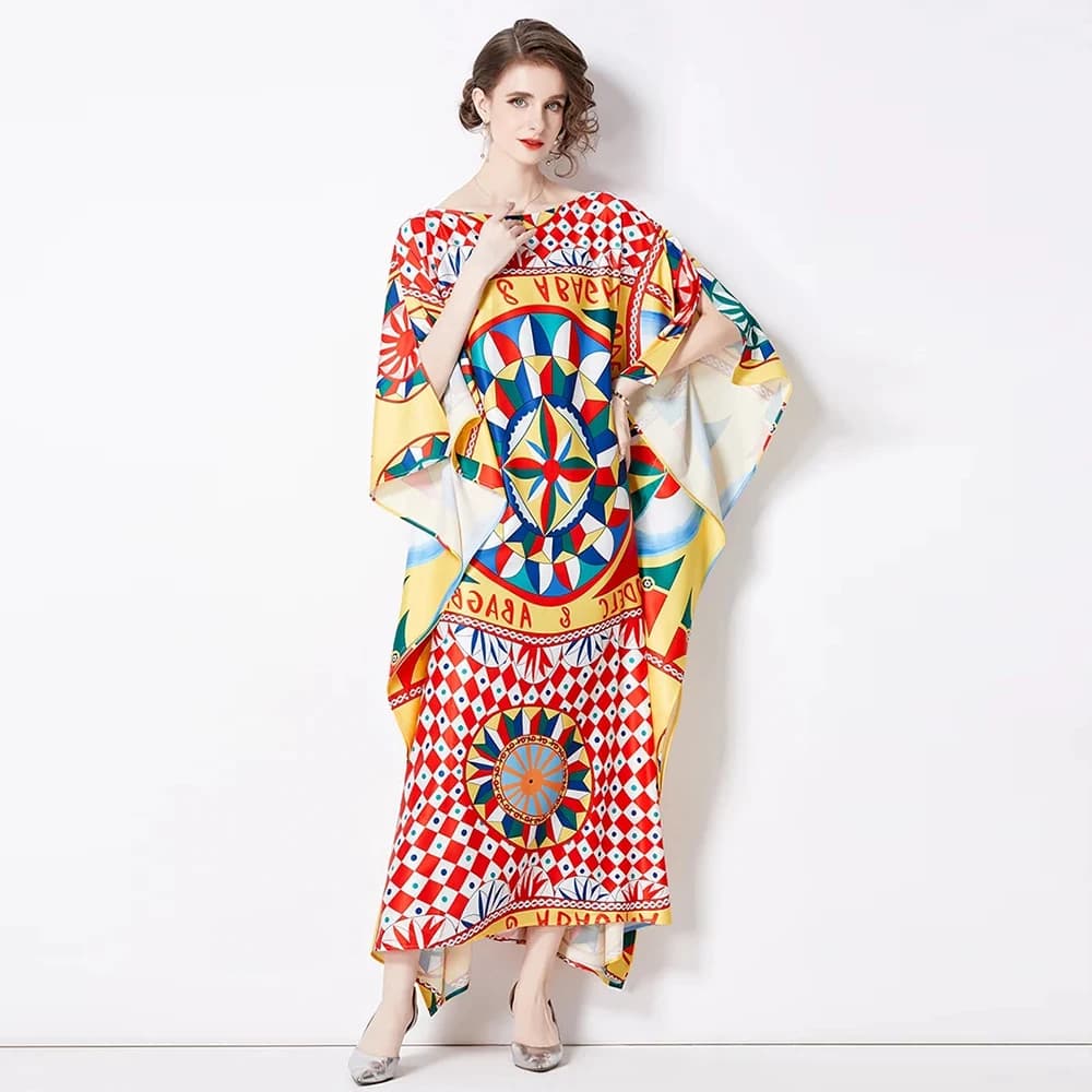 Robe bohème imprimée à motifs géométriques abstremberg pour femmes, robe maxi, col slash, manches ch