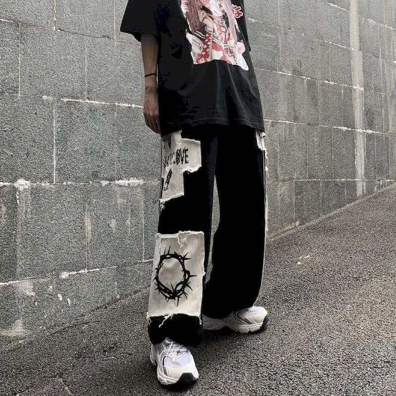 Pantalon cargo gothique punk pour femme, pantalon Anime Patch, taille haute, noir, fjcasual, Harajuk