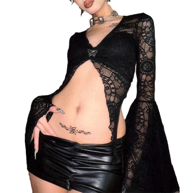T-shirt en maille noire à manches longues gothique dentelle noire haut Punk manches évasées Streetwe