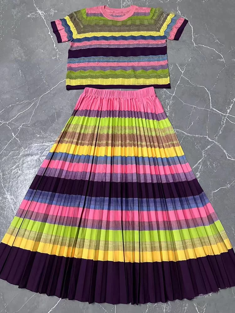 Ensemble deux pièces tricoté élastique rayé couleur rétro : cardigan et jupe plissée ample – Collect