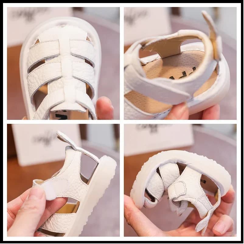 Sandales d'été anti-collision en cuir véritable pour bébé fille et garçon, chaussures de plage soupl