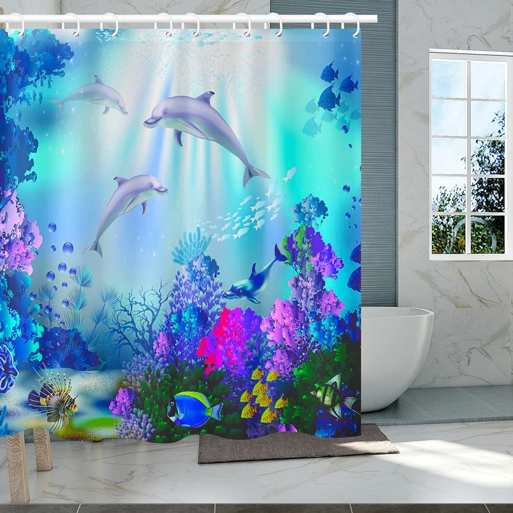 Rideau de douche dauphin bleu, monde sous-marin, vie Marine, tissu en Polyester, thème océan pour en
