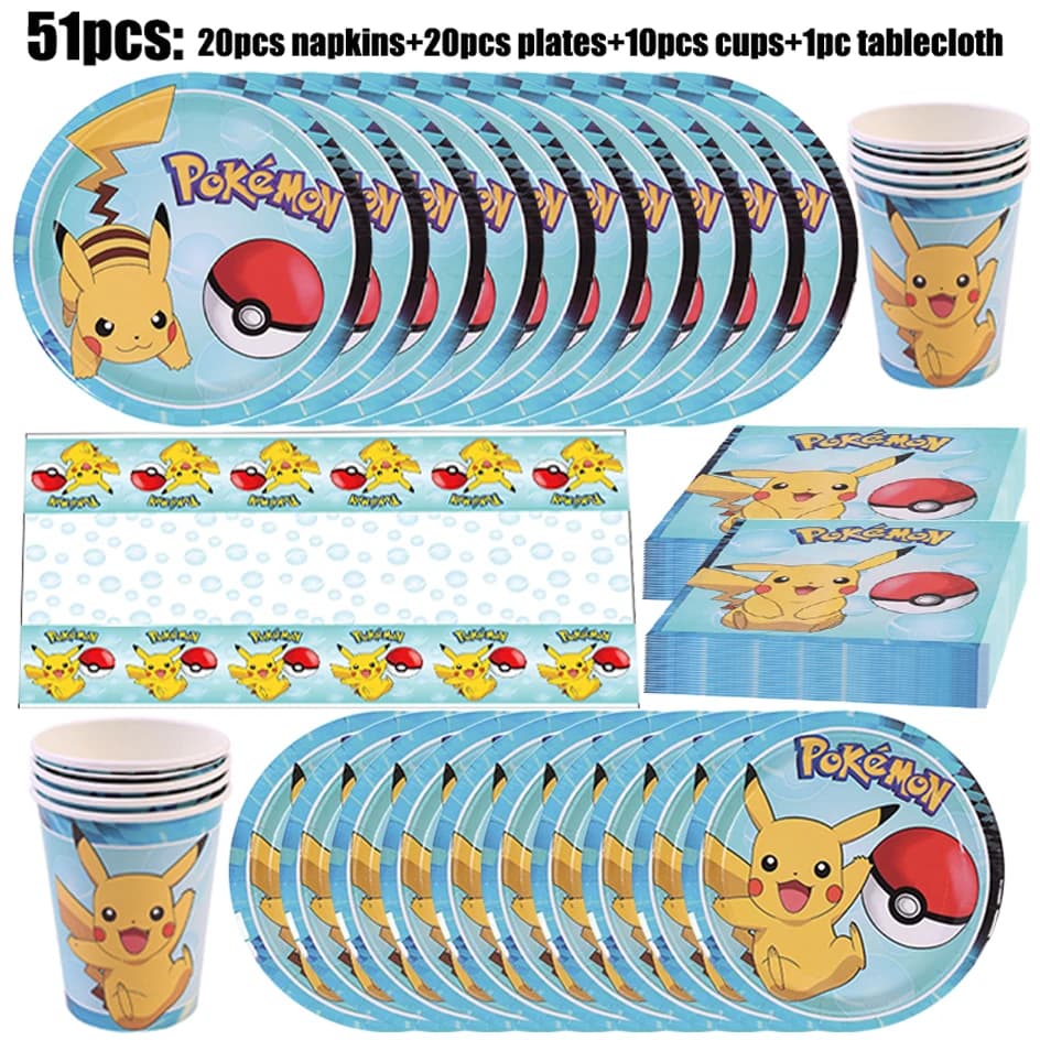 Décorations de fête d'anniversaire Pokemon, vaisselle en papier, assiettes, serviettes, tasses, napp