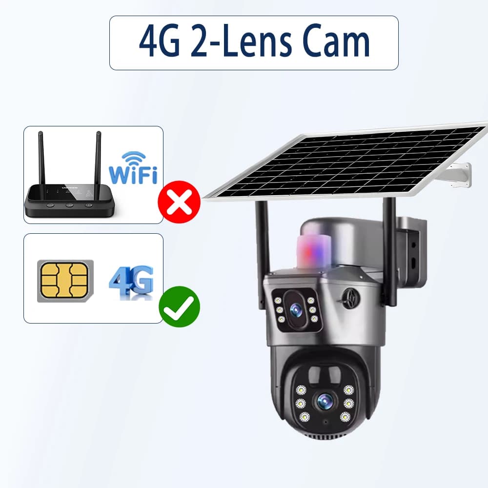 Caméra solaire 4G avec carte SIM, surveillance extérieure WiFi, 3 objectifs, vision nocturne couleur