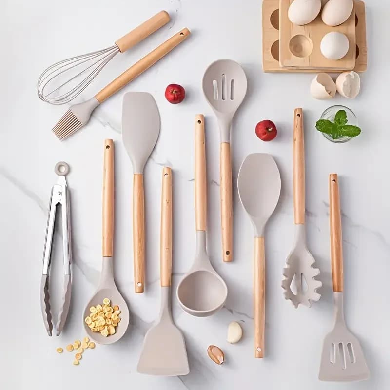 Ensemble d'ustensiles de cuisine avec manche en bois en silicone multicolore, antiadhésif, pot, spat