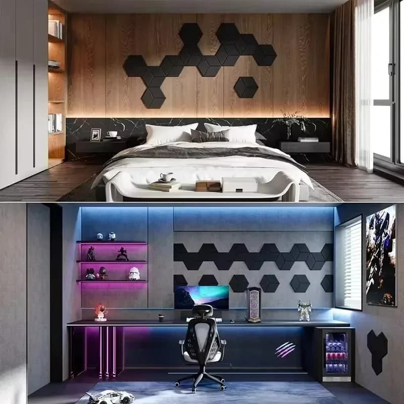 Panneau de mousse d'isolation phonique hexagonal auto-adhésif, 12 pièces, décoration pour maison, St