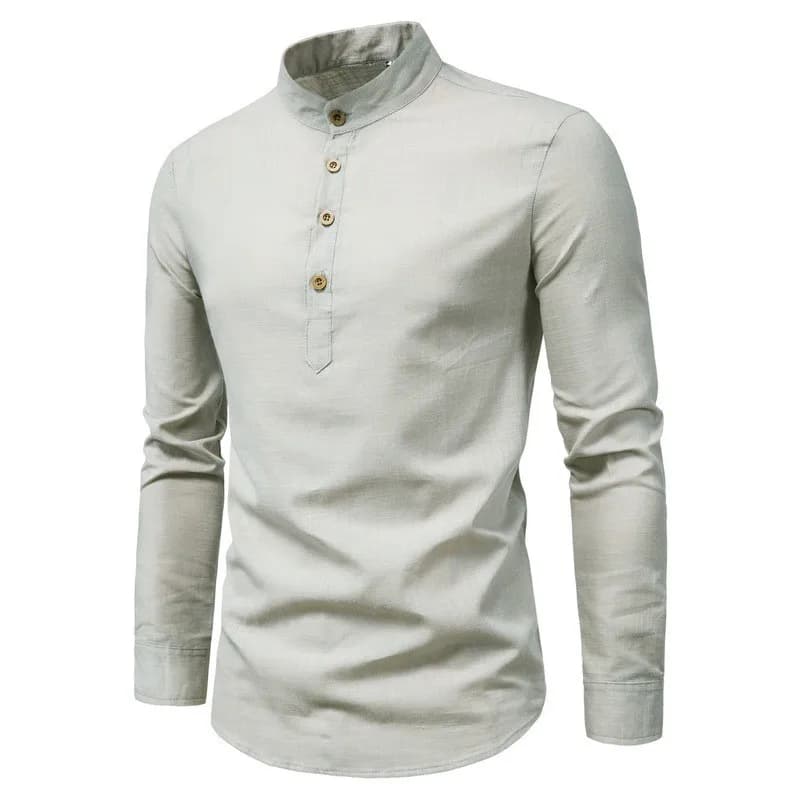 Chemise d'affaires à manches longues et col montant pour hommes, couleur unie, décontractée, ajustée