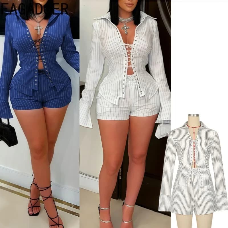 FAGADOER Sexy rayure Patchwork 2 pièces ensembles femme tenue pansement manches évasées haut court +