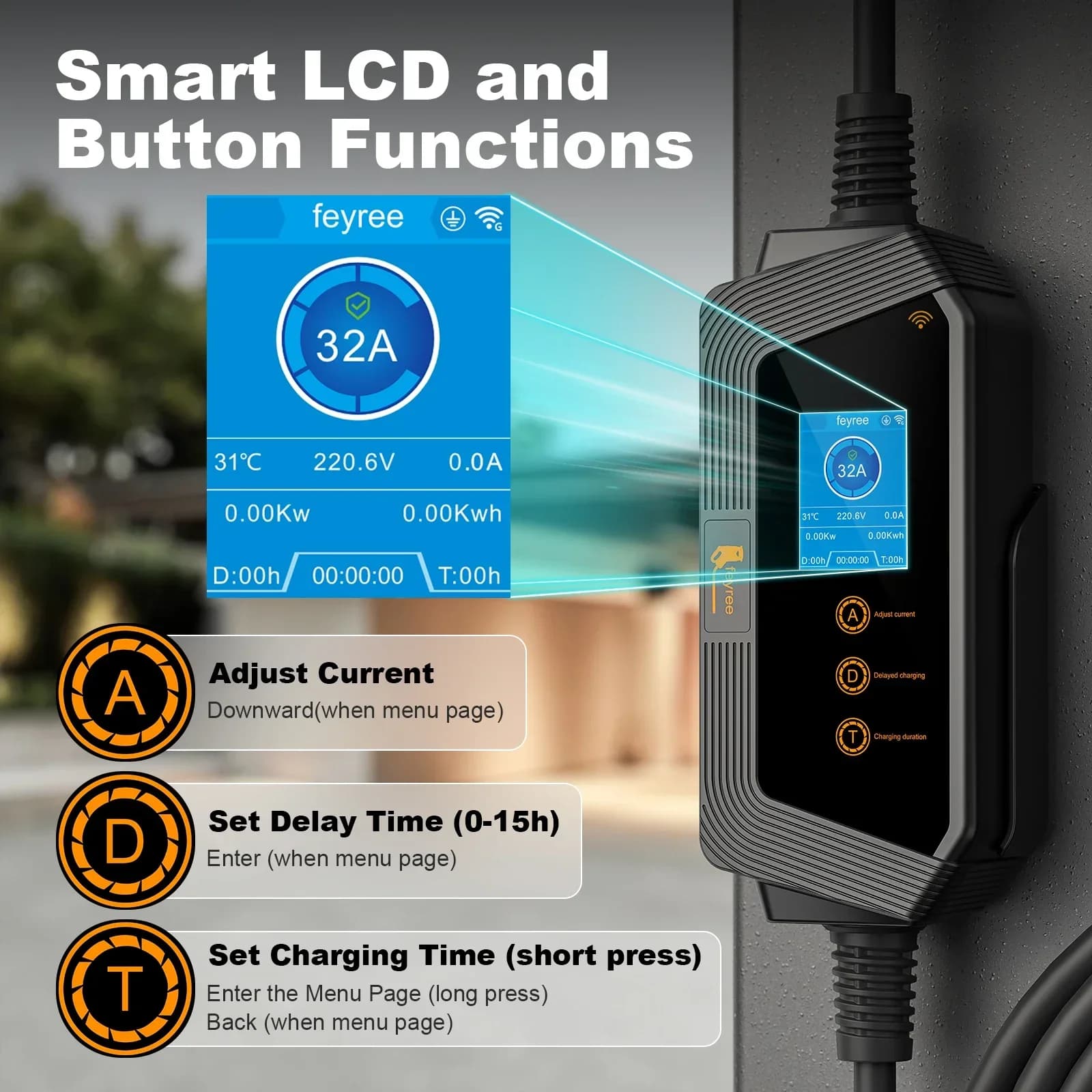 Feyree Type1 chargeur EV Portable 7KW 32A 1 phase prise J1772 avec câble de 5m application intellige