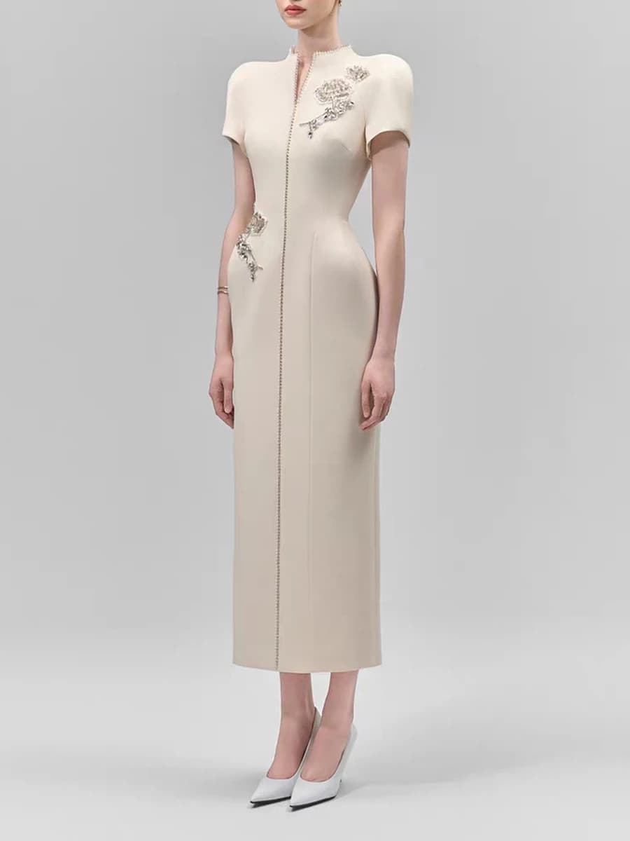 Robe amincissante TWOTWINSTYLE pour femme, col montant, manches courtes, patchwork brodé, ornée de d