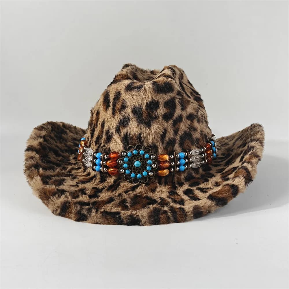 Chapeau de cowboy en fourrure de lapin imprimé léopard 7,5 cm Fedora de cowboy occidental pour homme