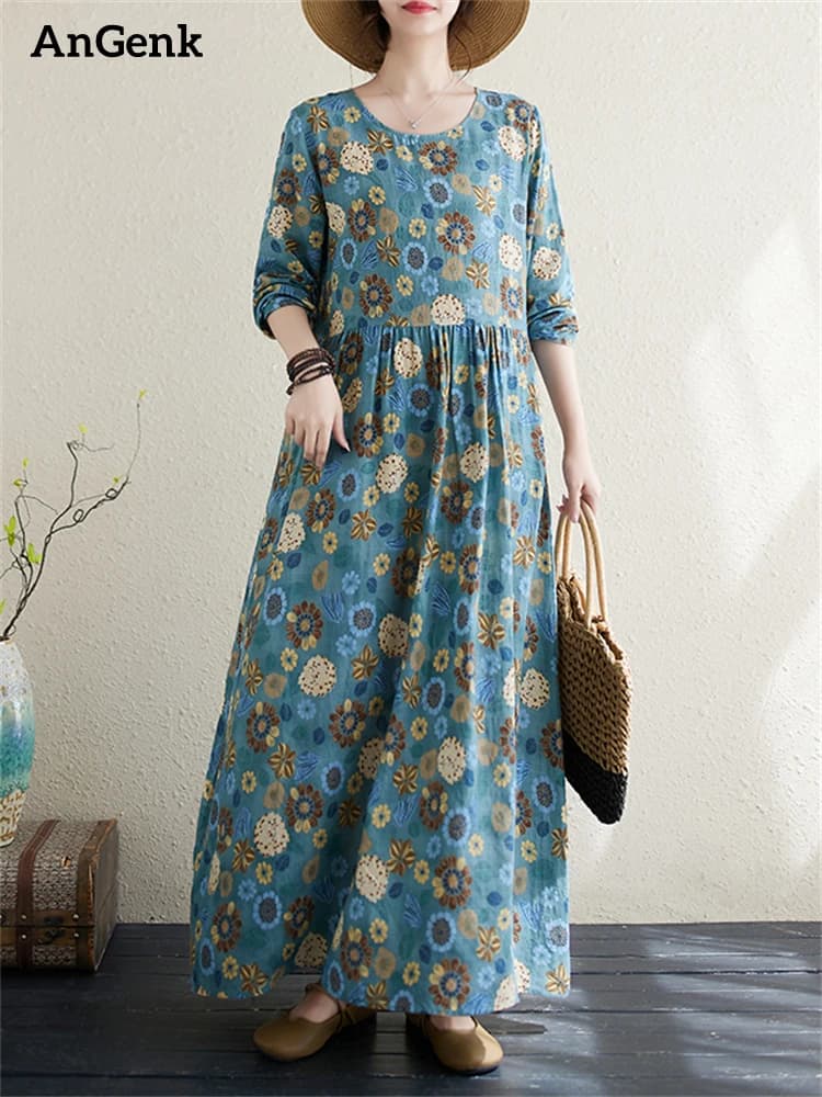 Automne coton imprimé Vintage robes pour femmes 2025 nouveau printemps décontracté longue Robe Femme