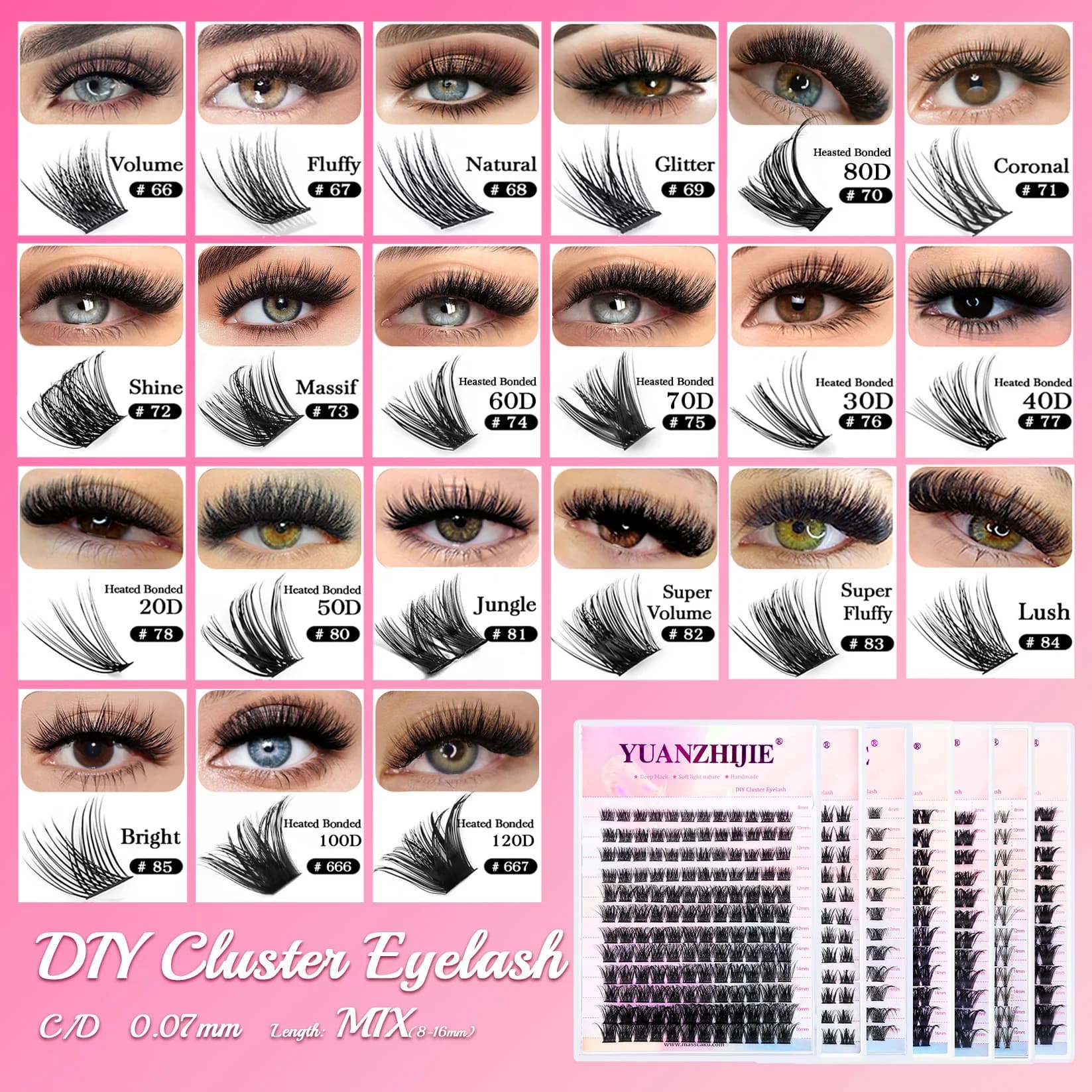 10 étuis/lot YUANZHIJIE grappes de cils sans nœuds 100% cils Anime touffetés à la main Premium Mater