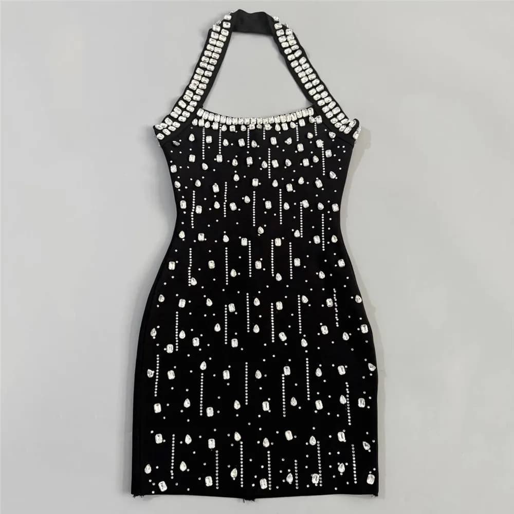 Robe de soirée mini pour femme, style halter, ornée de strass et de diamants, idéale pour les clubs 