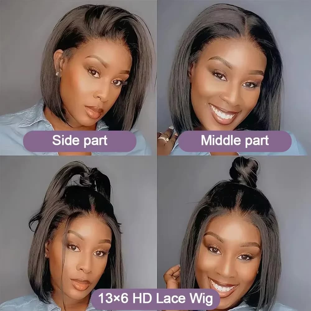 Perruque Lace Front 13x4 Brésilienne Courte Bob Lisse Noir Naturel 8-14 Pouces Sans Colle Douce Épai