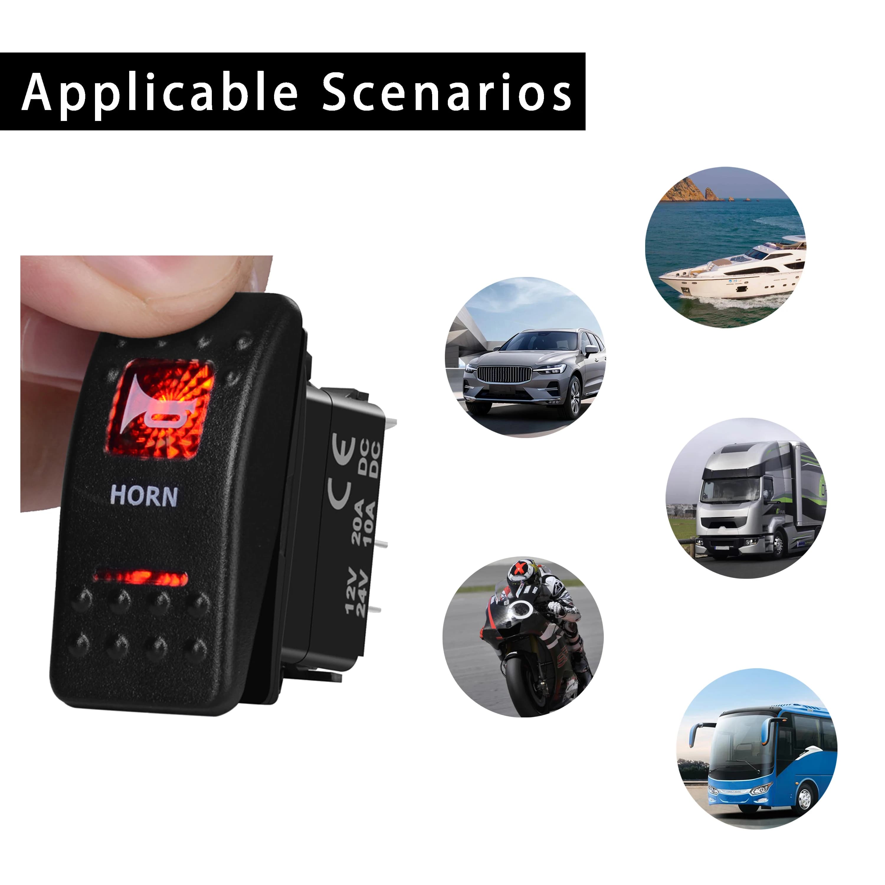 Klaxon interrupteur à bascule 12V rouge Led SPST 5 broches momentané (ON) OFF pour voiture bateau ma