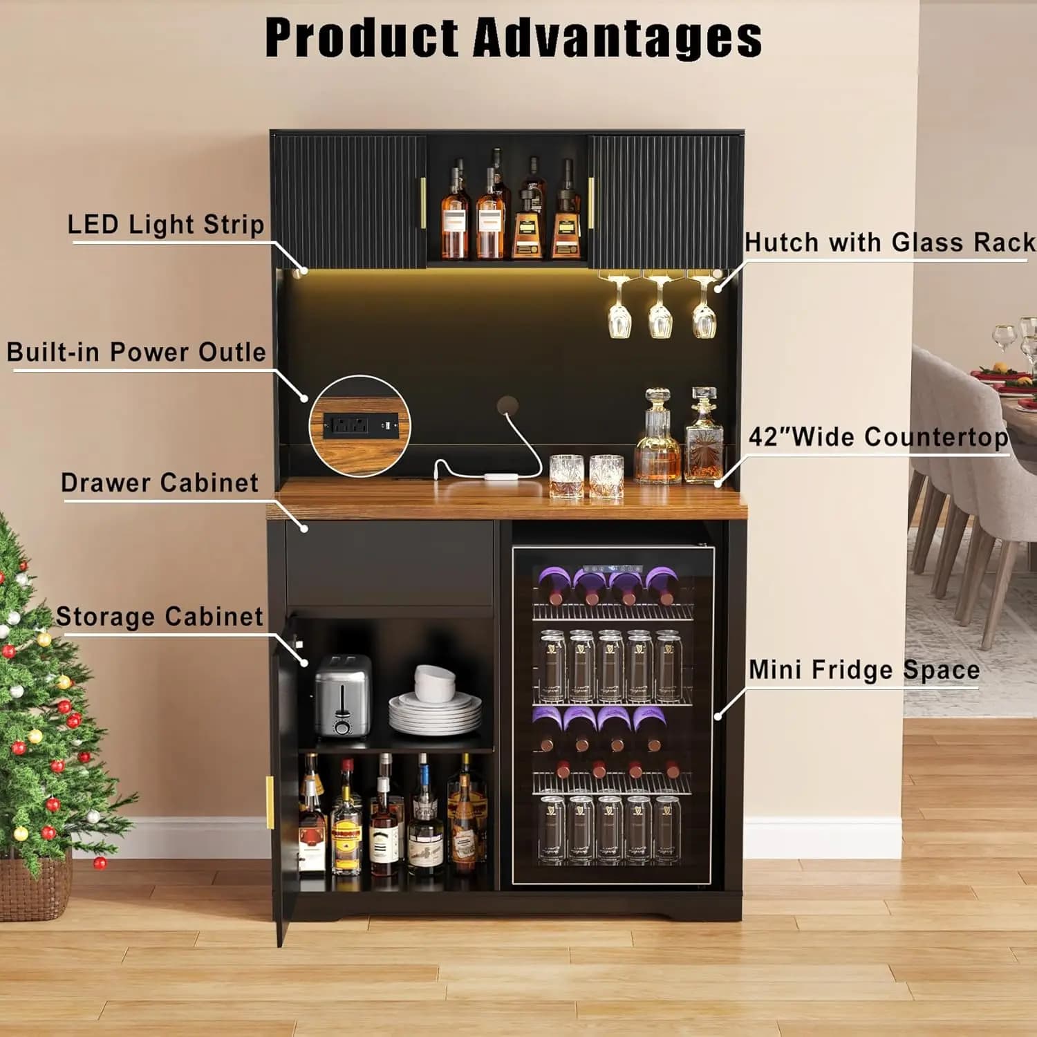 Armoire de bar haute de 72 pouces avec espace réfrigérateur, armoire à liqueur et à café à nervures 