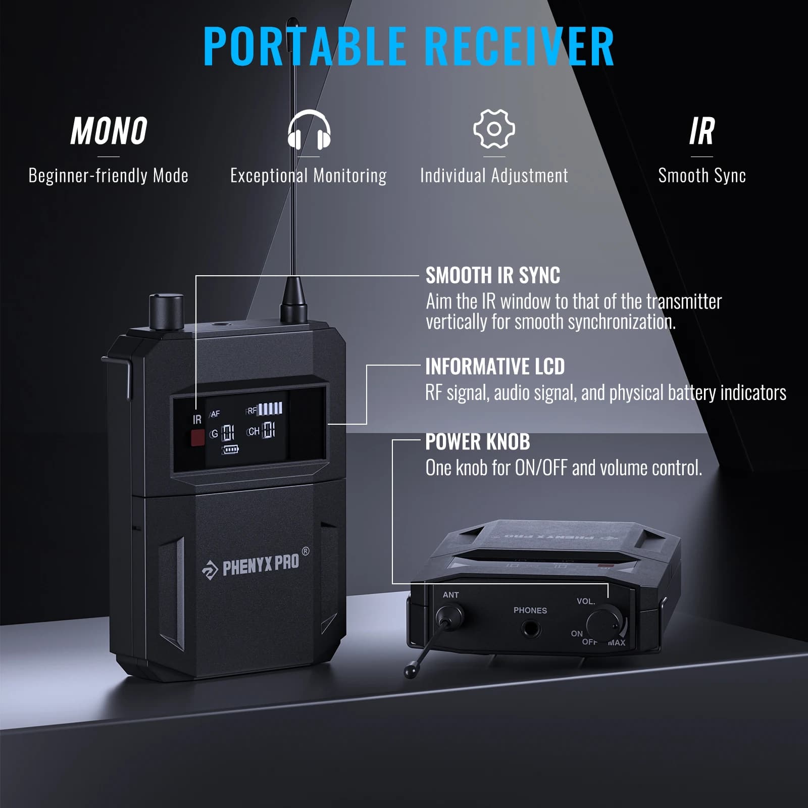 PHENYX PRO-Système de moniteurs intra-auriculaires sans fil mono 500MHz, avec 4 sorties en boucle, f