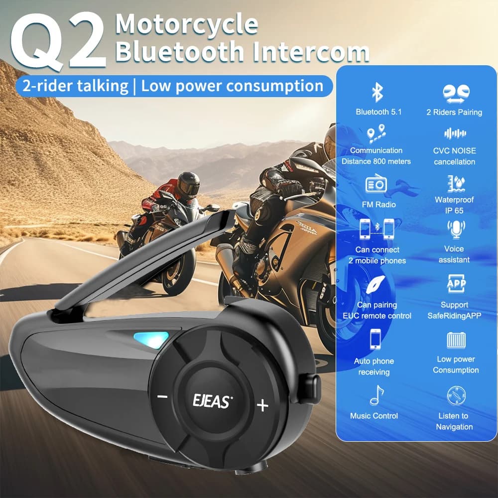 EJEAS Q2 Moto Casque Interphone Bluetooth 5.1 Casque Rapide Paire Étanche Jusqu'à 2 Coureurs Sans Fi