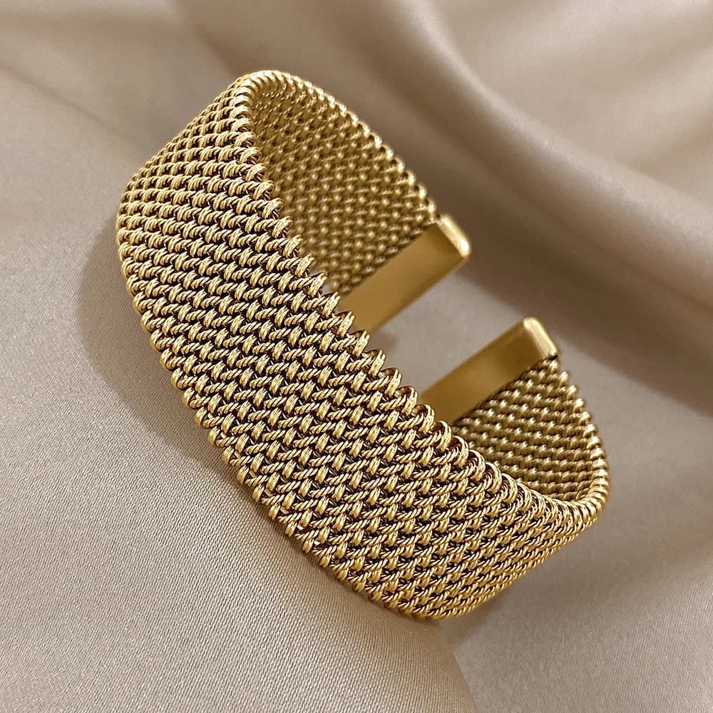 Bracelets manchette doré tissés Vintage pour femmes, élégants, tendance, en acier inoxydable, épais,
