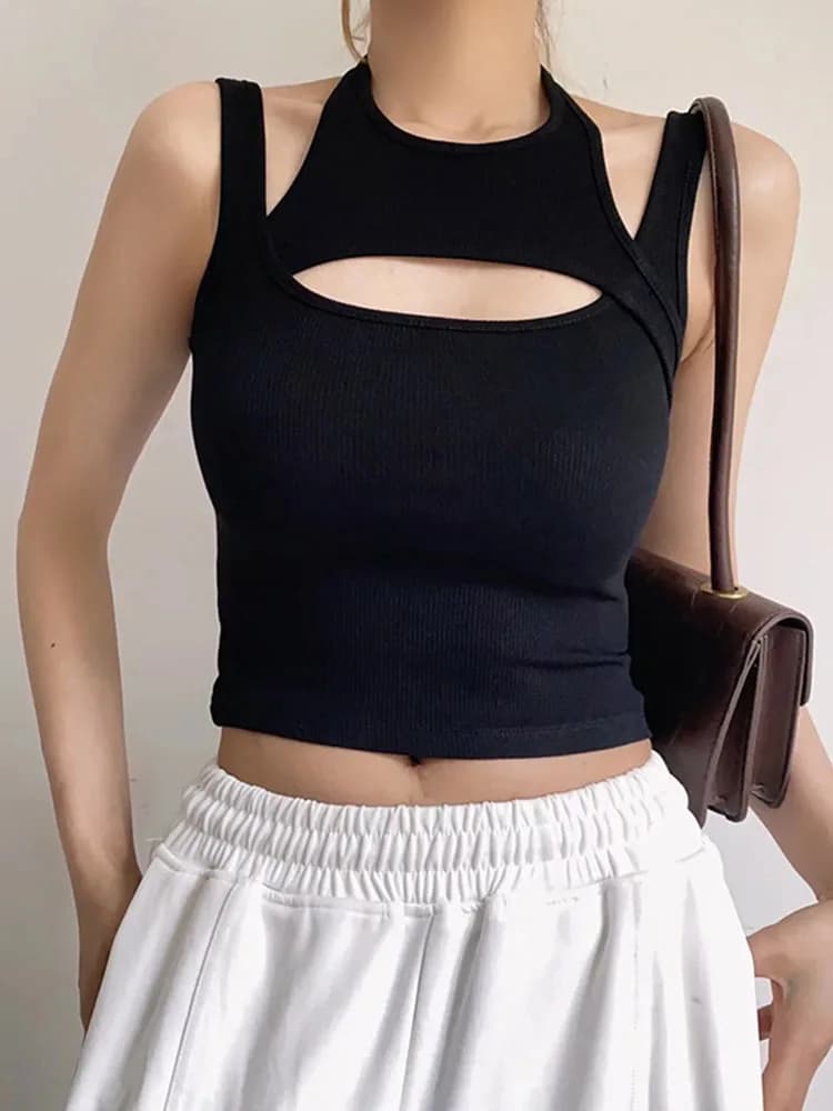 Asolls-Crop Top Y2K E-girl Hollow Out Corset Top, Fibro Neck, Mini GlaSemi, Casual, Sportive Summer