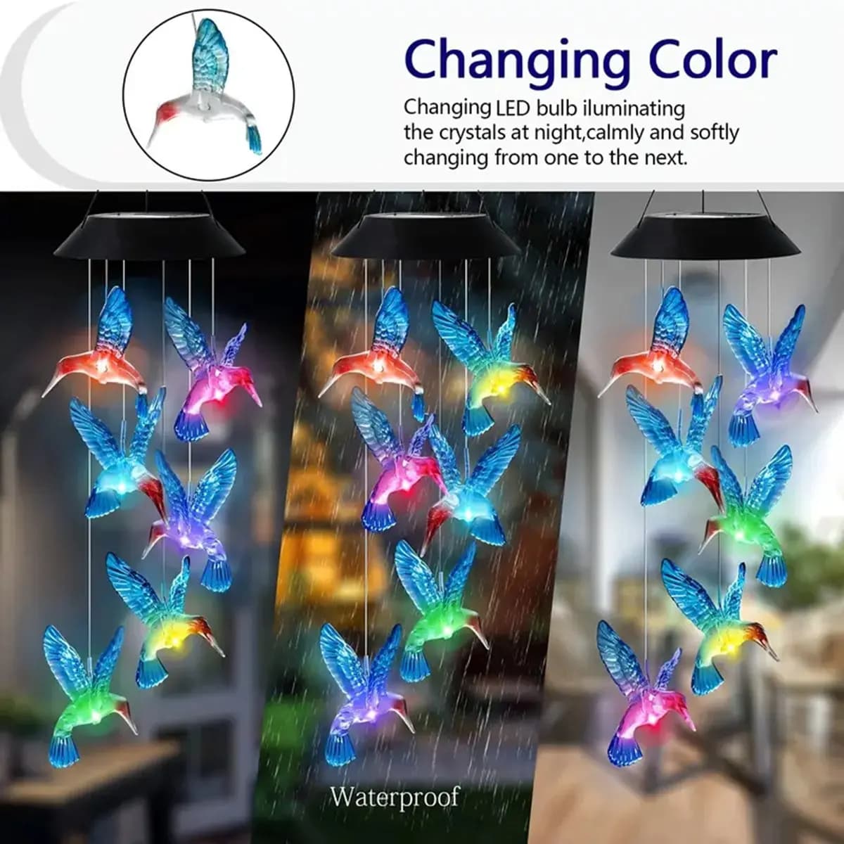 Carillons éoliens solaires à couleur changeante, 1 pièce, lumières colibri solaires d'extérieur, car