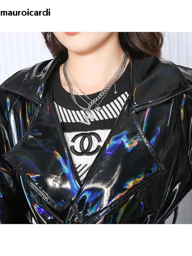 Mauroicardi printemps doux mince fluide brillant réfléchissant holographique noir PVC Faux cuir Tren