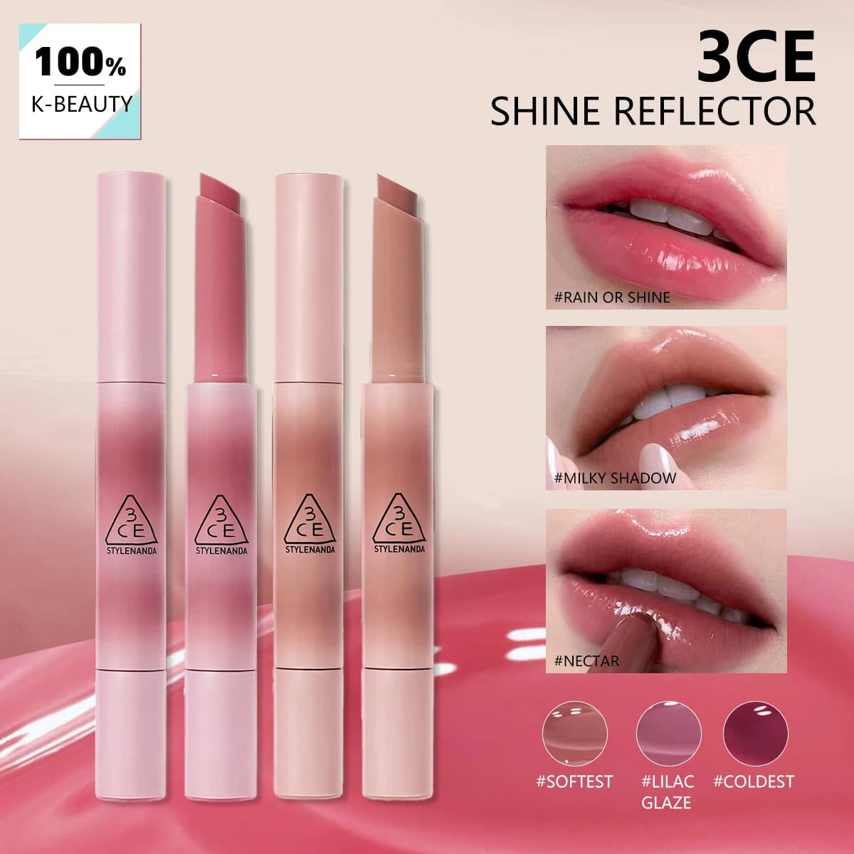 3CE SHINE REFLECTOR, Texture miroir brillante, Hydratant et non desséchant, Couleur transparente et 