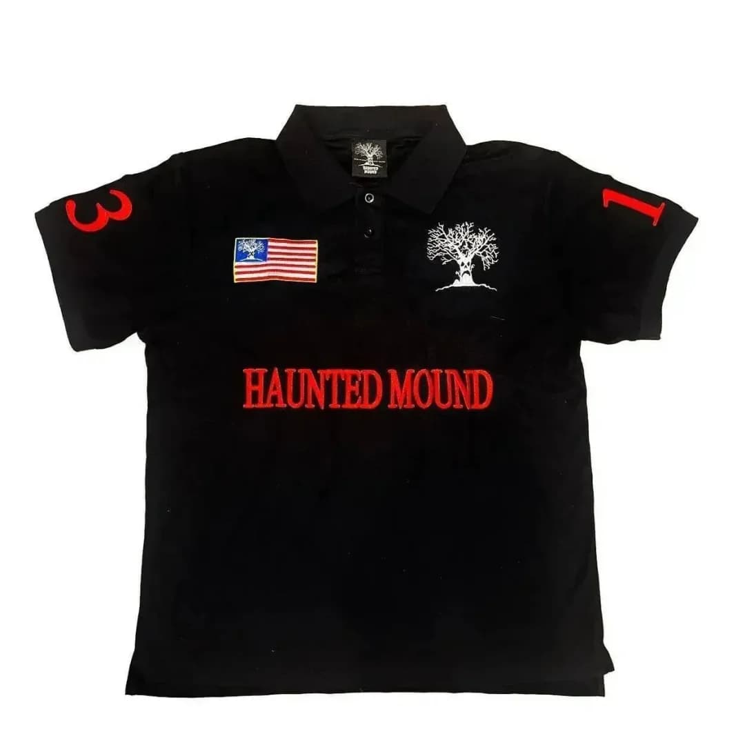 T-shirt Polo Rouge Brodé Racing Haunted Mound, Style Hiphop Rétro, Motif Tête de Citrouille et Lettr