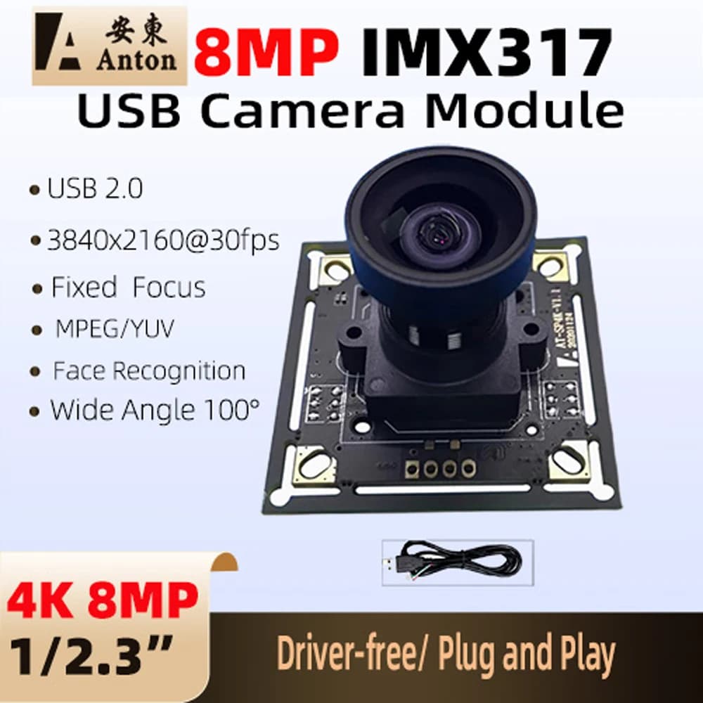 Module de caméra USB 4K 8MP IMX317 CMOS à mise au point fixe FF 100 °   Webcam UVC de reconnaissance