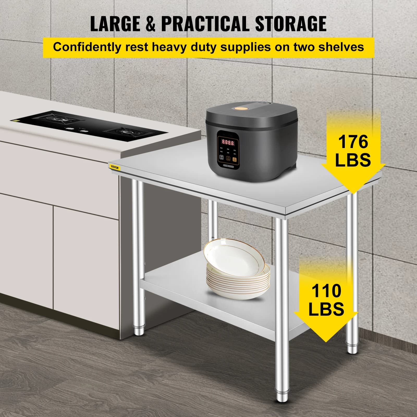 VEVOR Table de Travail Cuisine INOX, Plan de Travail Cuisine en 2 Etage, Table de Travail en Acier I